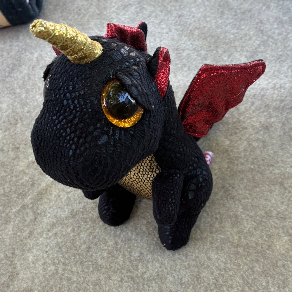 Ty Black Dragon Plush with Gold Horn and Red Sequin Wings